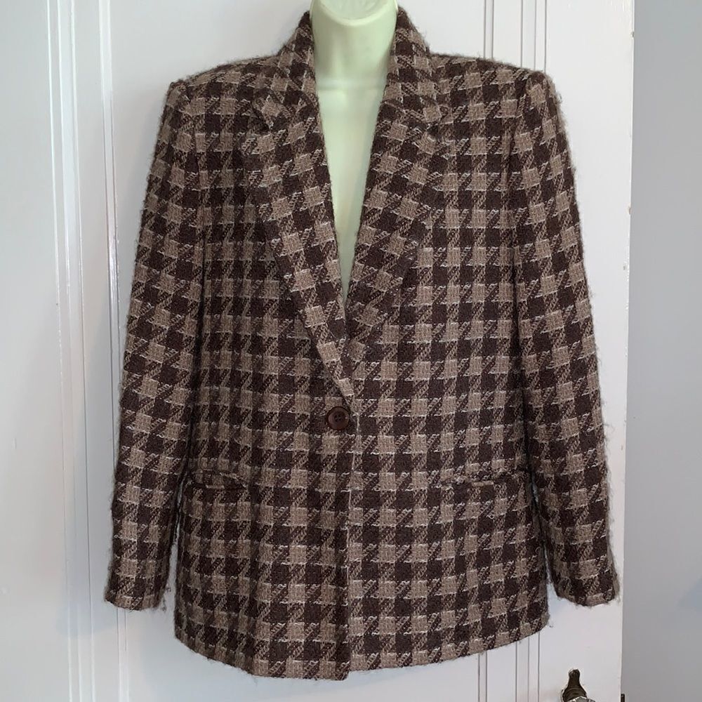 Vtg 80s/90s Bleyle brown‎ & tan houndstooth wool blazer/jacket